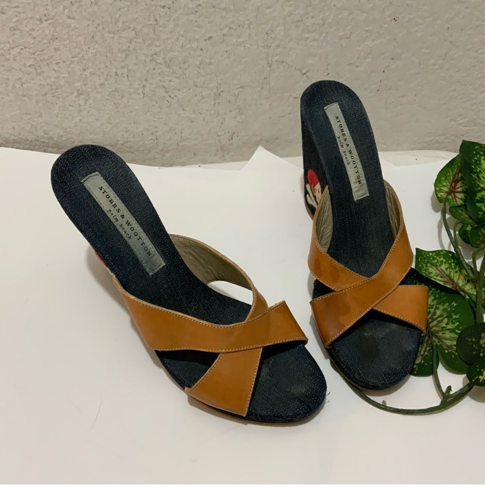 Stubbs & Wootton wedge sandals Denim sandal EU 38 US 8 Blue tan Jean 4” heel